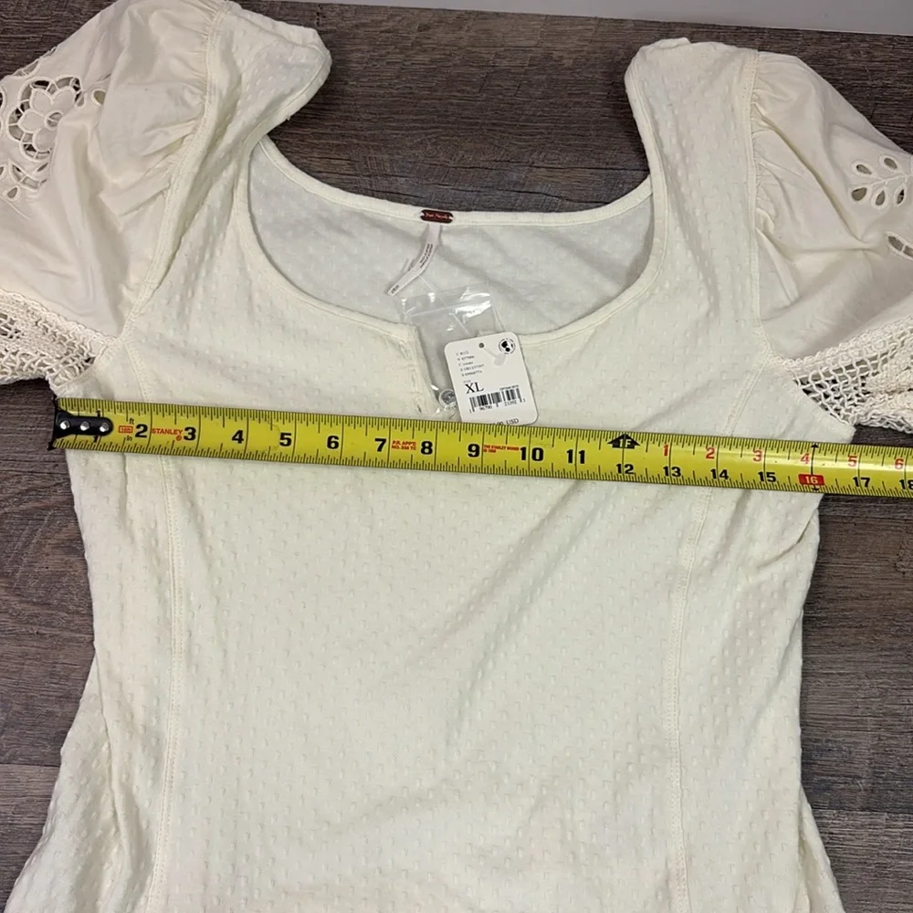 NEW Free People Brunch Date Knit V-Neck 3/4 Puffed Sleeve Top XL